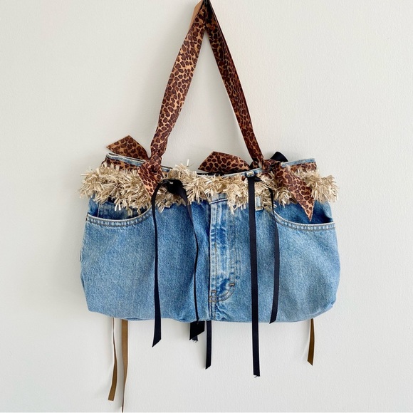 Denim Leopard Fringe Jean Bag - Picture 2 of 6